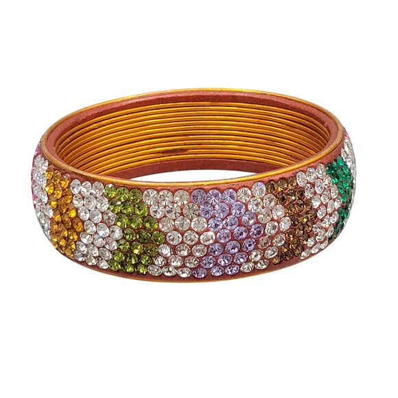 Encrusted Rhinestone Bangle Bracelet Copper Colored Metal Multicolored - Picture 3 of 10